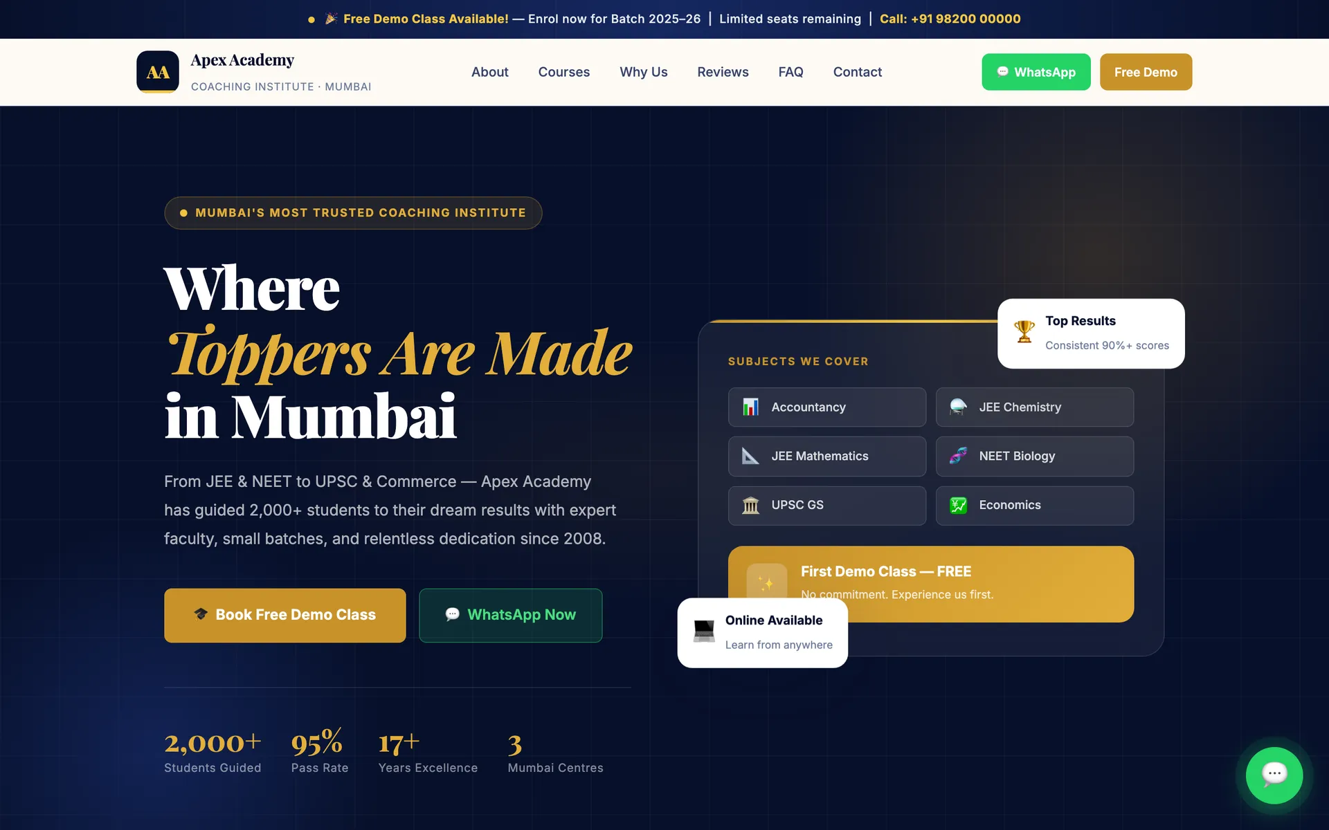 apex coaching homepage — navy and gold authority layout with enrolment actions