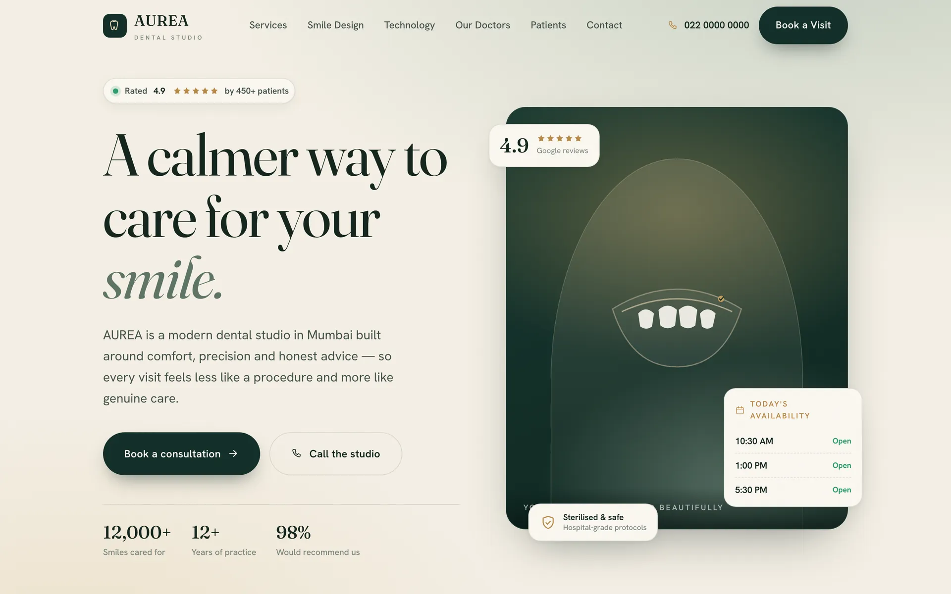 aurea dental studio homepage — 'a calmer way to care for your smile' set in a serif on warm ivory, deep evergreen imagery