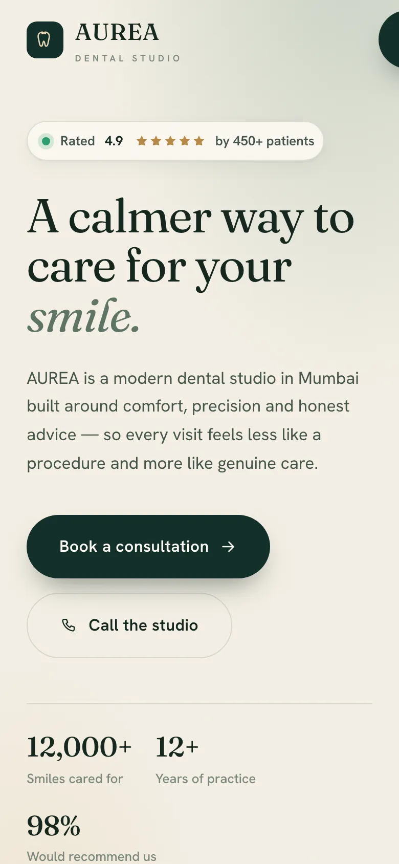 aurea on mobile — calm editorial layout with booking actions