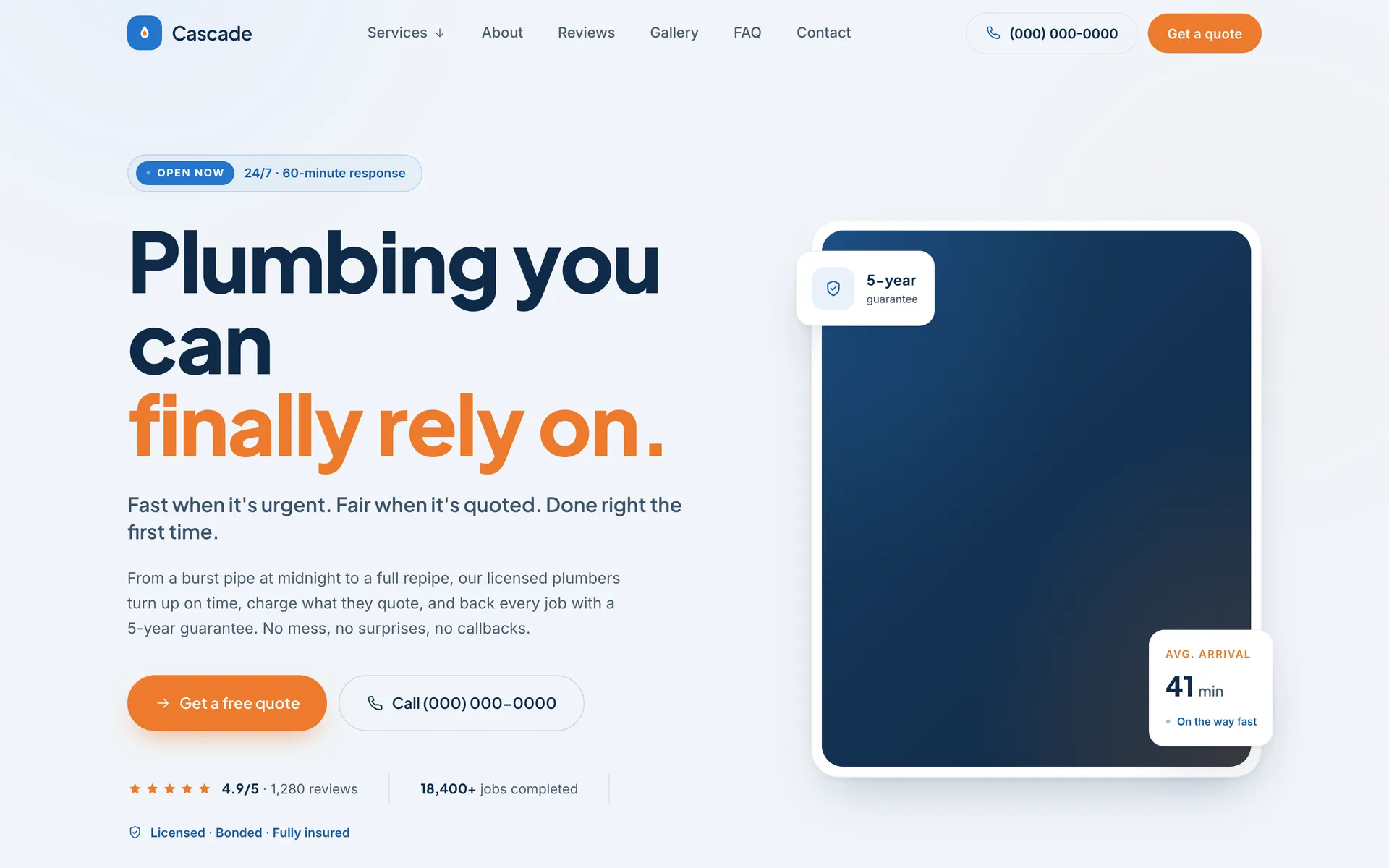 cascade plumbing homepage — bold navy hero with safety-orange actions and trust signals
