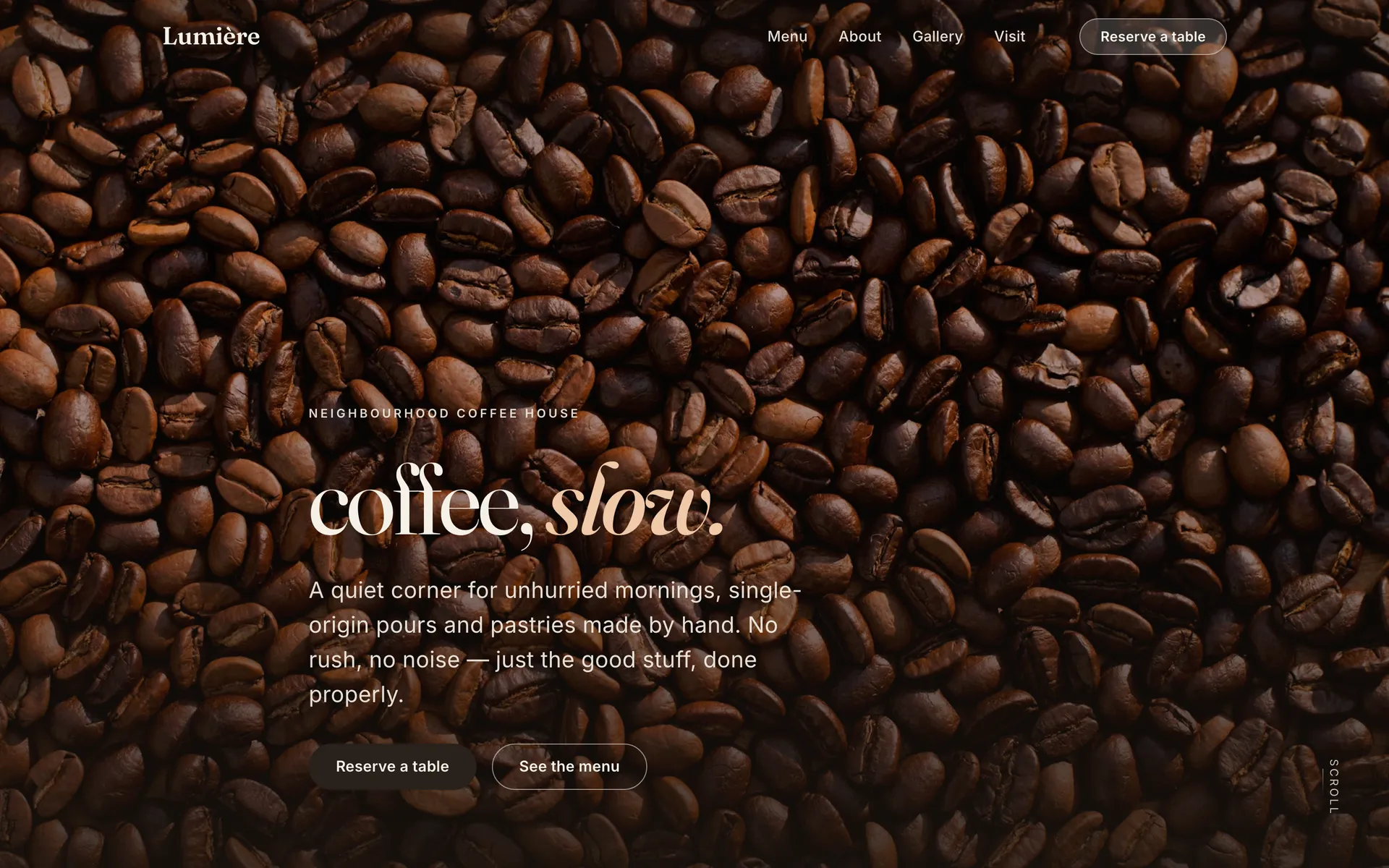 lumière café homepage — 'coffee, slow' in serif italics over full-bleed coffee photography