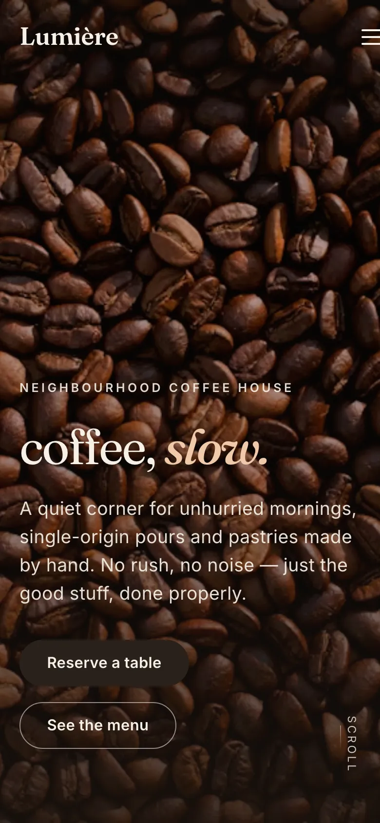lumière on mobile — warm, unhurried single-column layout